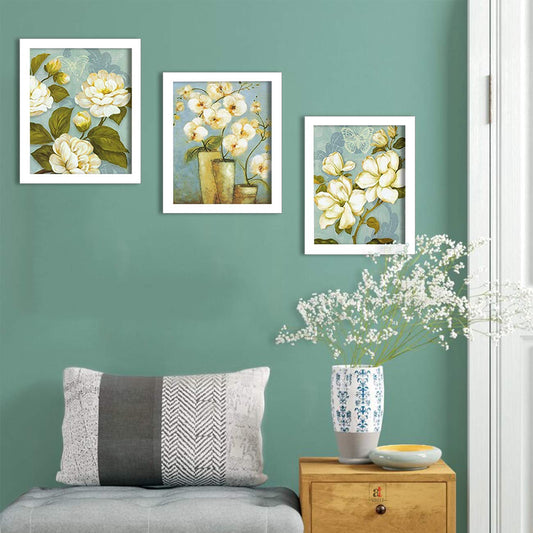 Painting Mantra - White Flower Set of 3 White Framed Painting,UV Textured Art Prints (9 x 11 inch)