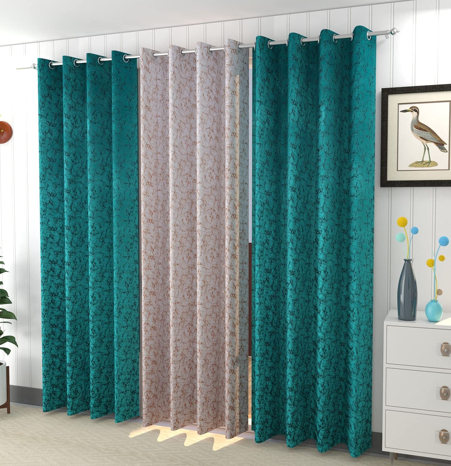 Galaxy Home Decor Premium Suede Velvet Room Darkening Curtains for Long Door 8 Feet, Pack of 3, Aqua & Gold (Aqua & Gold, Long Door - 8 Feet)