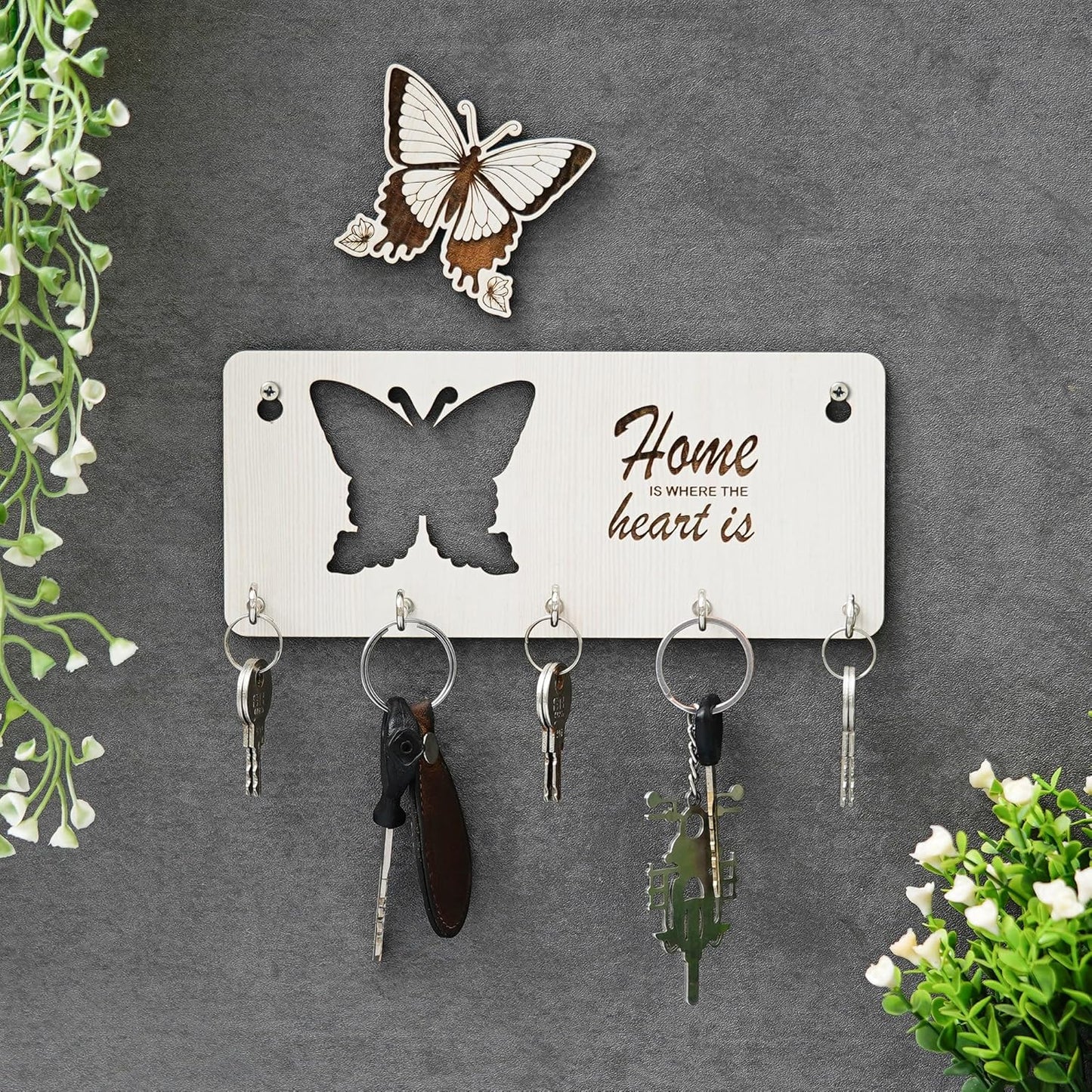 Webelkart Premium Home is Where The Heart is Wooden Key Holder for Home/Office Decor, Key Hanger for Wall Decor,Key Stand (with Butterfly Cutout)