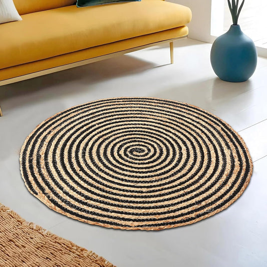 Kuber Industries 2x2 Feet Handwoven Jute Door Mats for Home Entrance | Aesthetic Round Floor Mat for Living Room, Bedroom & Office Decor | Perdan for Home | Spiral - Black & Brown