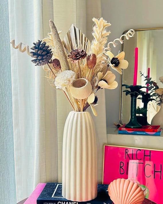 Bliss Hohm Ripped Ceramic Flower Vase for Home Decor and Gifting, Ribbed Decorative Vase for Living Room, Pampas Grass Vase, Ceramic Off-White Long Vase (8 Inches, Ripped)